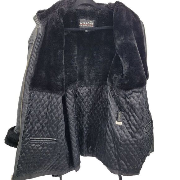 Vintage 80s Wilsons Leather Bomber Flight Jacket L Black Sherpa Trim Belted Zip - Picture 4 of 16